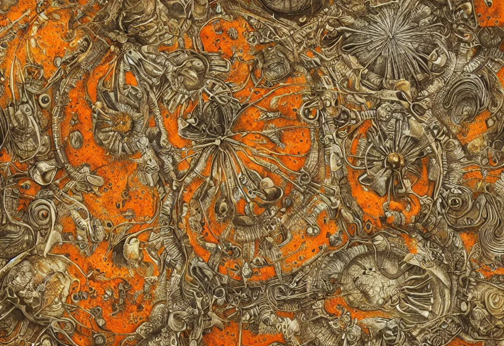 Image similar to helmet on the ground flourishes with orange big mold by ernst haeckel, digital art, 4k, trending on artstation, highly detailed