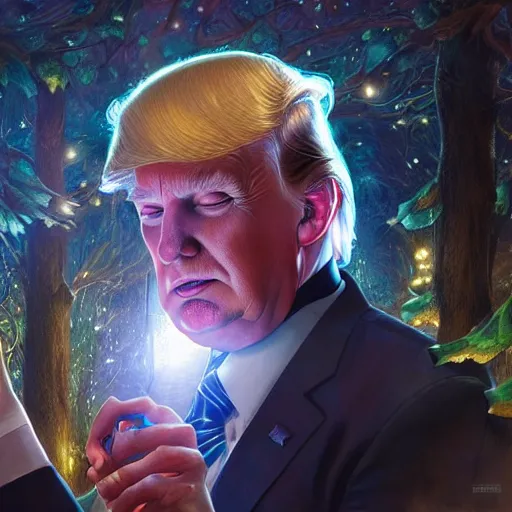 Image similar to ultra realistic illustration of magical president trump, forest, fantasy, colorful lights, intricate, elegant, highly detailed, digital painting, artstation, concept art, smooth, sharp focus, illustration, art by artgerm and greg rutkowski and alphonse mucha