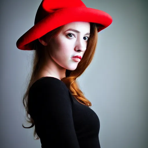 Image similar to beauty photographic portrait of half - length portrait of stunning girl in a red hat and black dress, kodak portra 4 0 0, 8 k, soft light, volumetric lighting, highly detailed,,