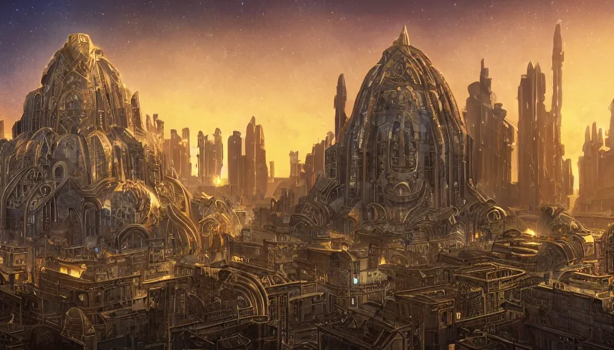 Prompt: marvellous dwarven city with retrofuturist artdeco architecture during golden hour, ultradetailed, intricate, glorious lighting, dark sky, stars, masterwork coposition, cgsociety, strong presense