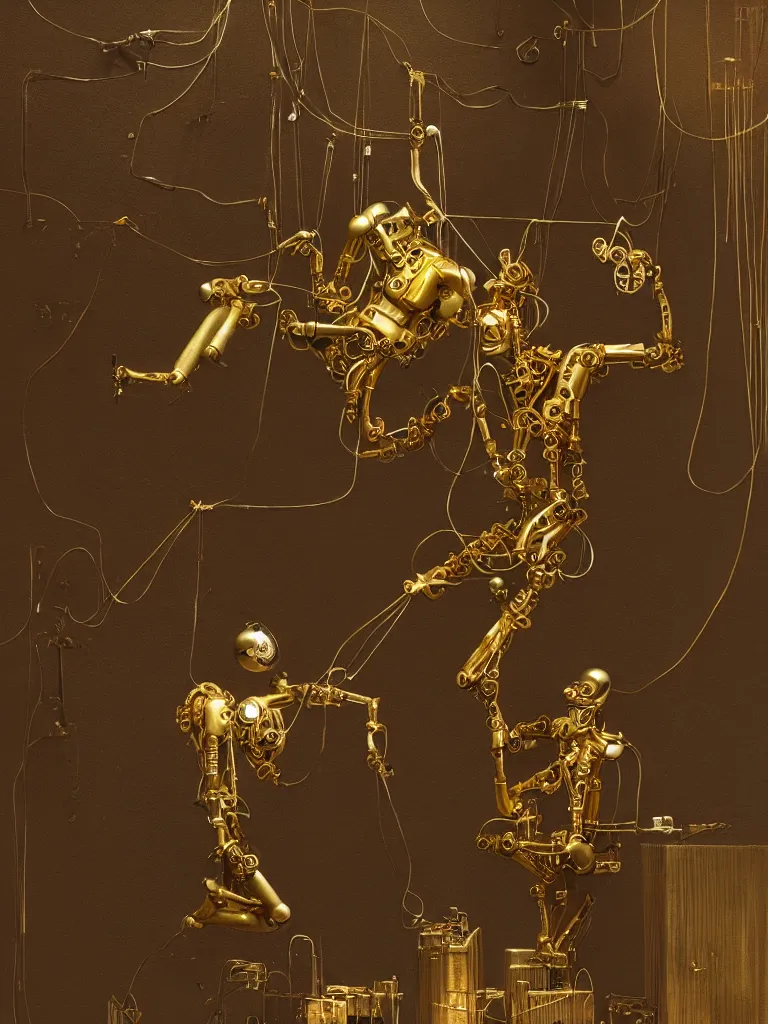 Image similar to mechanical clockwork man made of gold and hanging by wires in a dark room, created by peter mohrbacher, photorealistic, puppet, strings, 8 k