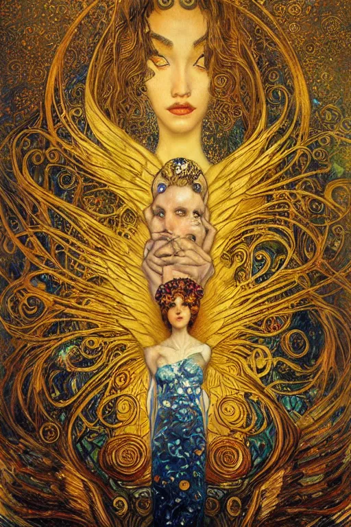 Image similar to Visions of Paradise by Karol Bak, Jean Deville, Gustav Klimt, and Vincent Van Gogh, visionary, otherworldly, celestial fractal structures, infinite angel wings, ornate gilded medieval icon, third eye, spirals, heavenly spiraling clouds with godrays, airy colors