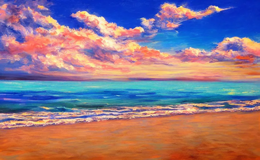 Image similar to sunny day at the beach blue sky big bomb explosion on the horizon photorealistic