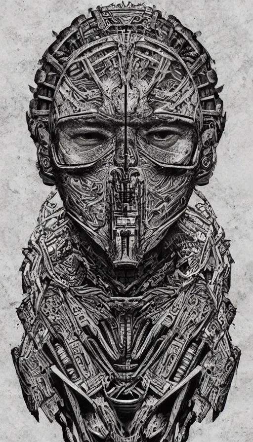 Image similar to ancient interstellar hybrid aztec fantasy beautiful alien symmetrical human face skull mask tattoo pattern concept, teonanacatl glyph, intricate artwork by, Johnatan Wayshak, Zdizslaw Beksinski, face by Artgerm, H.R. Giger, very coherent artwork, cinematic, hyper realism, high detail, octane render, unreal engine, 8k, High contrast, higly detailed black ink outline, crosshatch sketch gradient