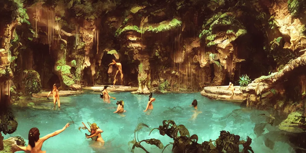 Image similar to a tropical cave that renovate as a luxury interior as several beautiful women bathe in the waters surrounding a muscled adventurer by syd mead, frank frazetta, ken kelly, simon bisley, richard corben, william - adolphe bouguereau, detailed concept art