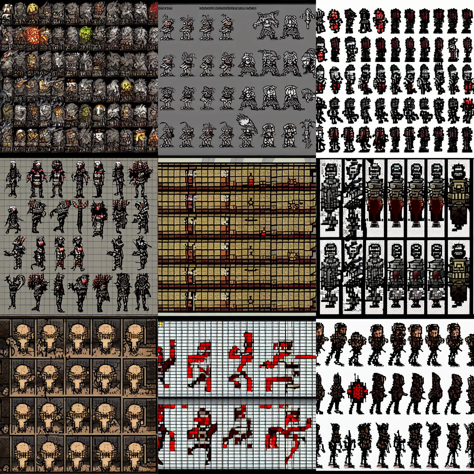 Prompt: necromancer sprite sheet, lateral view, detailed, in the style of darkest dungeon