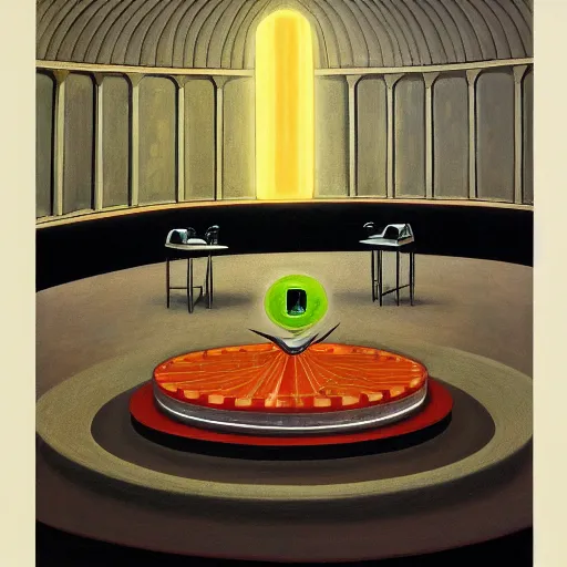 Image similar to exaggerated death ray, doomsday weapon, evil lair, mastermind, observatory interior, rotunda, shield, comedic, dystopian, grant wood, pj crook, edward hopper, oil on canvas