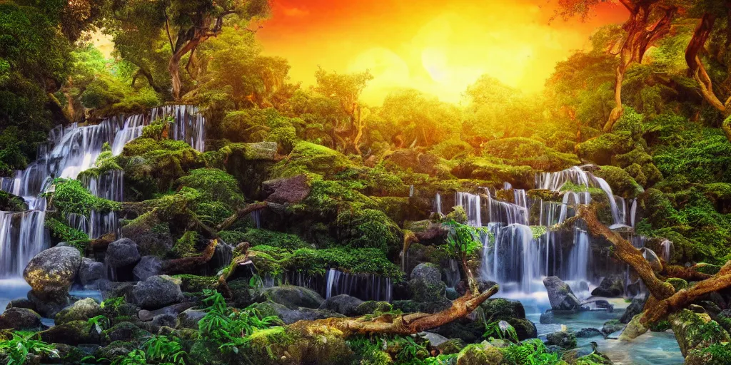 Prompt: ancient forest with a stone temple and a waterfall and colorful tropic fruit trees, sunset, high definition, high detail, photorealisitc, 8k,