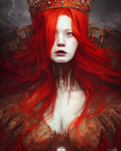 Prompt: redhead queen in heavy redarmor, inside an epic gothic castle, baroque hearts, large crown, face with scars, mad grin, intimidating, ominous, high fantasy, intricate detail, digital painting, artstation, concept art, smooth, sharp focus, illustration, art by yoshitaka amano and monia merlo and wlop