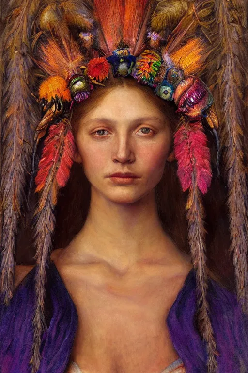 Image similar to queen of summer, by Annie Swynnerton, and Nicholas Roerich and Tino Rodriguez , elaborate headdress and embroidered velvet, iridescent beetles, rich color, dramatic cinematic lighting, extremely detailed, featured on artstation