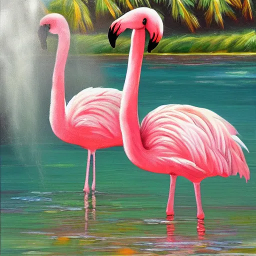 cute flamingos with furry feathers in lake with palm | Stable Diffusion
