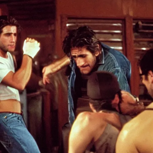 Image similar to cinestill of Jake Gyllenhaal fighting three men in a bar in the movie Road house