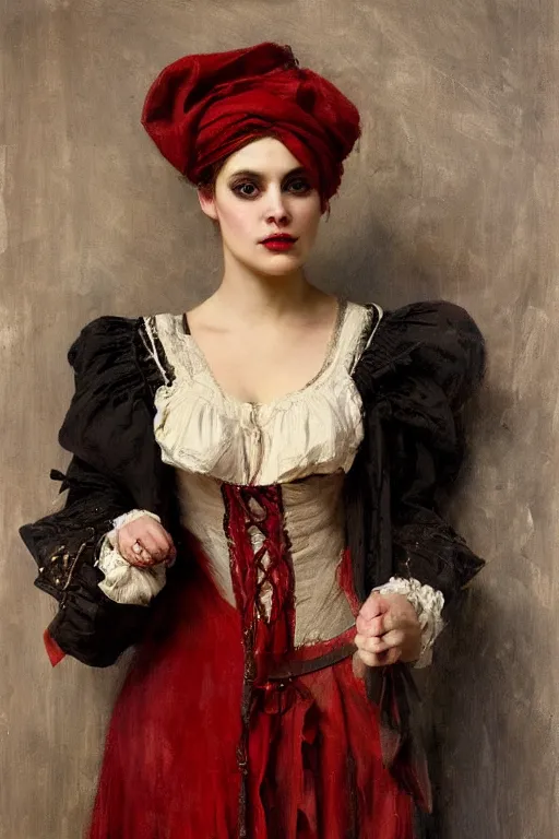 Image similar to Solomon Joseph Solomon and Richard Schmid and Jeremy Lipking victorian genre painting full length portrait painting of a young beautiful woman traditional german french fashion model pirate wench in fantasy costume, red background