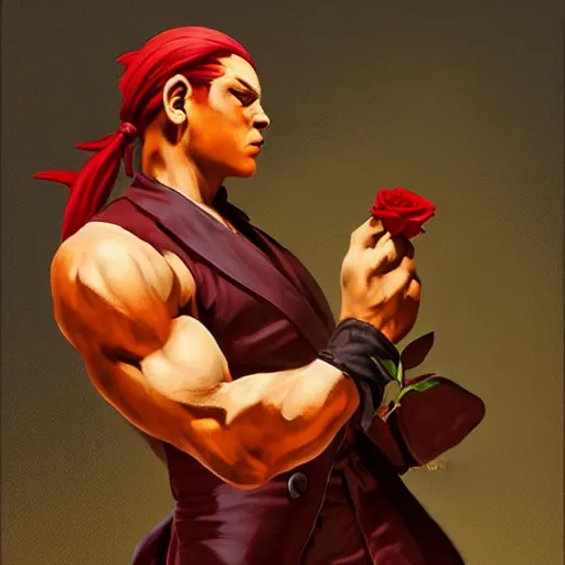 Prompt: Vega from street fighter holding a rose, in the style of Frederic Remington, artstation, claw