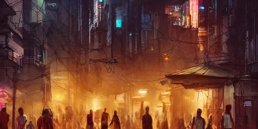Prompt: indian style, small building, city, street, science fiction, cyberpunk, rain day, wide angle, full of people, moon, a lot of lights, cinematic lighting, high detail, digital painting, concept art, illustration, smooth, sharp focus, trending on artstation, trending on deviantart, 4 k