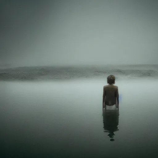 Image similar to monster pale skin, dark yellowish water, foggy water, dark, dramatic, big eyes, terrifying, cinematic