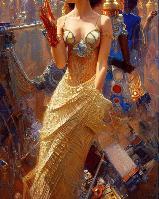 Image similar to an attractive model wearing a futuristic dress surrounded by intricate geometric patterns. highly detailed painting by gaston bussiere, craig mullins, j. c. leyendecker 8 k