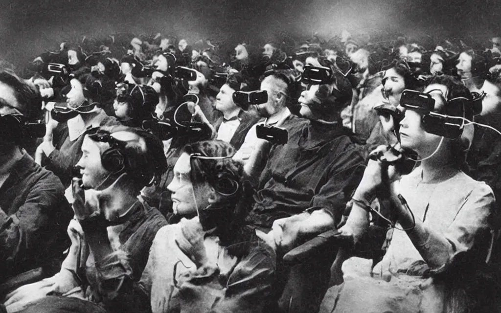 Image similar to 1 9 0 0 s photo of people using iphones ipods virtual reality headsets vr in a movie theater double exposure masterpiece