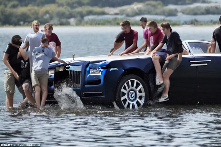 Prompt: Teenagers push Rolls-Royce into lake with their hands from a small slide wanting to drown him