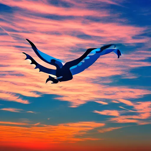 Prompt: blue serpent dragon flying through the sky, sunrise, 8k,