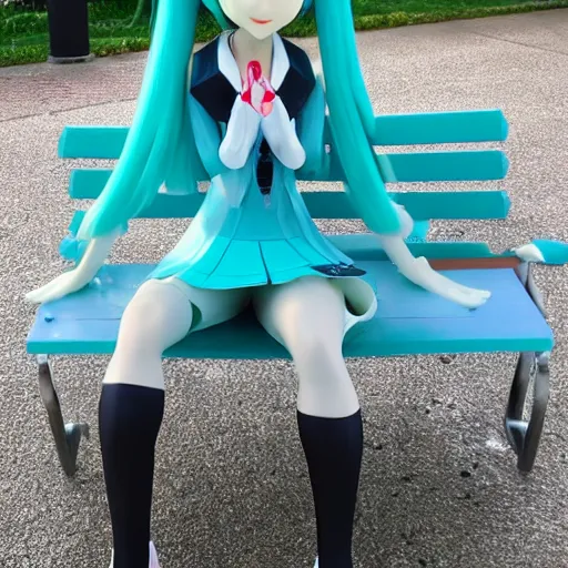 Image similar to hatsune miku sitting on a park bench