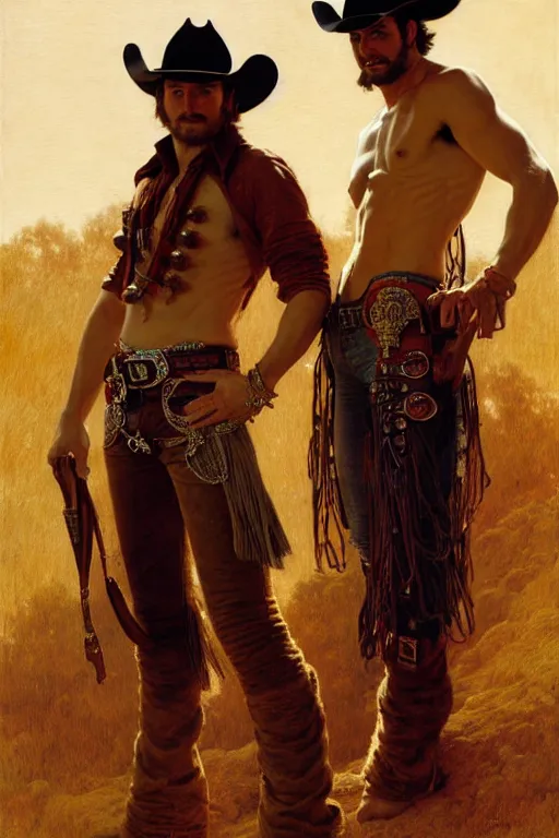 Prompt: attractive shirtless gunslinger and his handsome cowboy, they are in love, wearing fringed leather pants and bandoliers, homoerotic, natural lighting, path traced, highly detailed, high quality, digital painting, by gaston bussiere, craig mullins, alphonse mucha, j. c. leyendecker