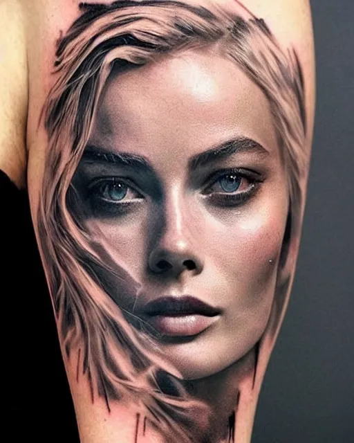 Image similar to creative double exposure effect tattoo design sketch of margot robbie face blended with beautiful mountain scenery, realism tattoo, in the style of matteo pasqualin, amazing detail, sharp