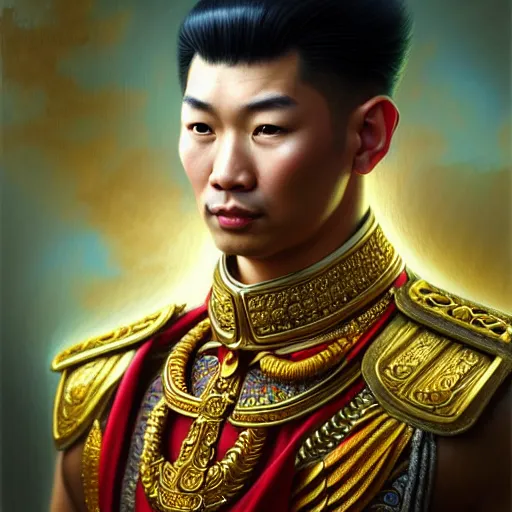 Prompt: pretty asian male as king ramkhamhaeng, intricate, highly detailed, centered, digital painting, artstation, concept art, smooth, sharp focus, illustration, artgerm, tomasz alen kopera, peter mohrbacher, donato giancola, joseph christian leyendecker, wlop, boris vallejo