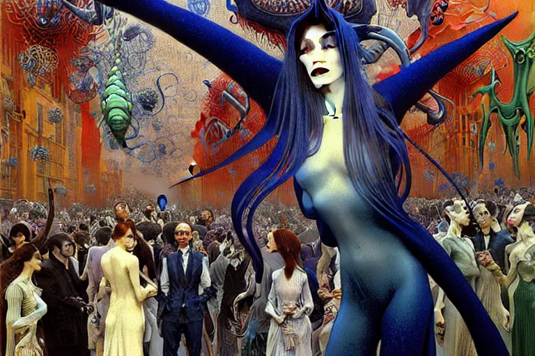 Image similar to realistic extremely detailed portrait painting of an elegant vampire in a crowded futuristic street, detailed alien crowd by Jean Delville, Amano, Yves Tanguy, Alphonse Mucha, Mark Brooks, Ernst Haeckel, Edward Robert Hughes, Roger Dean, rich moody colours, blue eyes