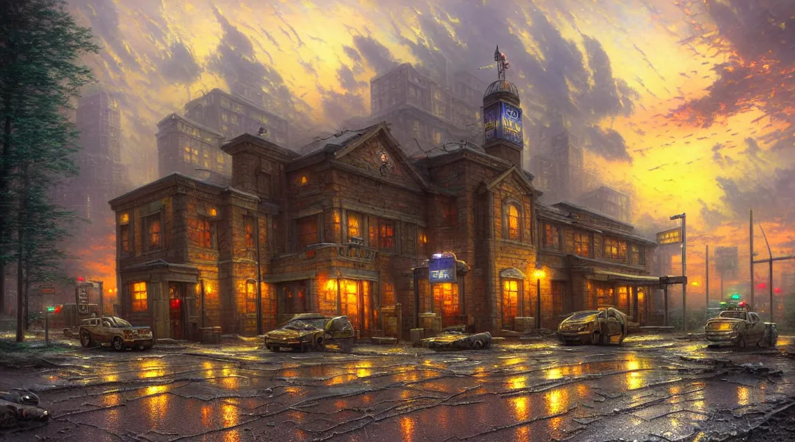 Prompt: post - apocalyptic police station, building, apocalyptic architecture, paved roads, by thomas kinkade, highly detailed photography