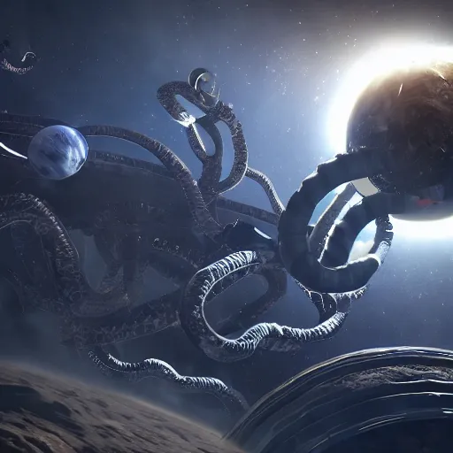 Image similar to a giant cosmic space kraken attacking an orbital space station, hype realistic, volumetric lighting, cosmic horror, Art station, Octane render, Unreal Engine 3D