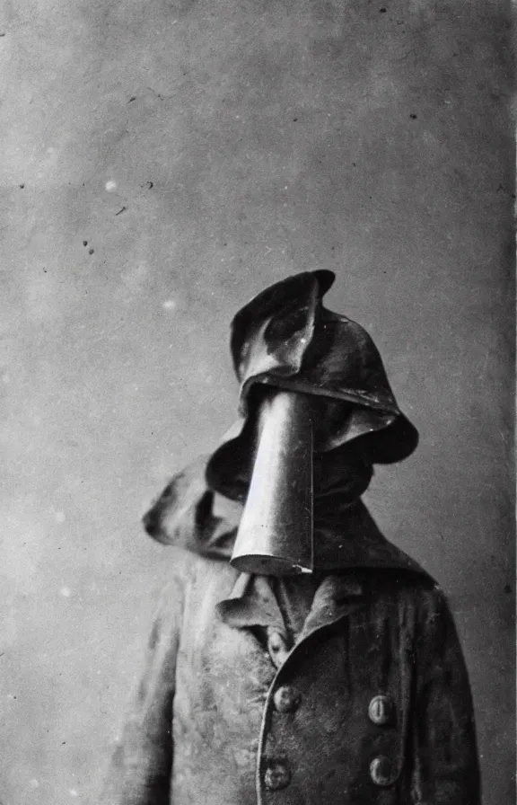 Prompt: person wearing executioner mask, ww1 photo, grainy, high detail, high resolution