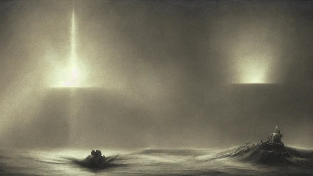 Image similar to environment under the ocean, a huge monster of the deep emerges out of the darkness of the deep ocean waters to attack a small submarine, Beksiński, horror, eerie lighting, god rays