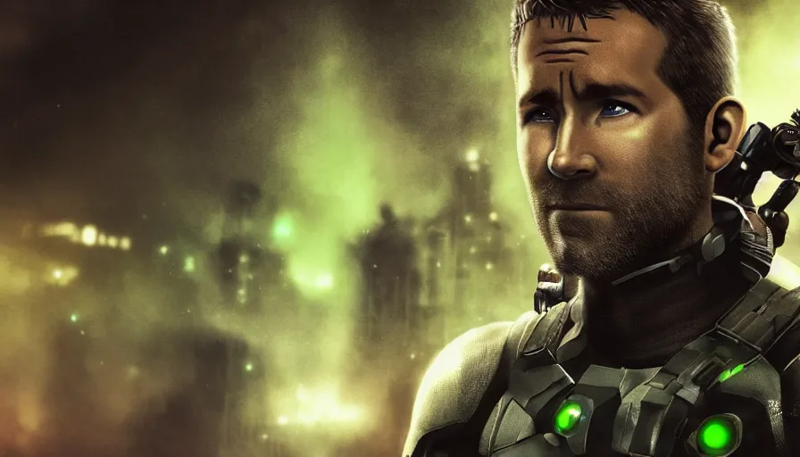 Image similar to ryan reynolds is sam fisher from splinter cell, black background, hyperdetailed, artstation, cgsociety, 8 k