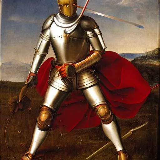 Prompt: a realistic painting by Raffaello Sanzi depicting the knight in shining armor with the head of The Skrull in the Renaissance.