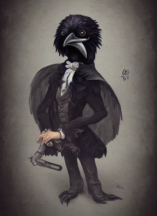 an anthropomorphic raven dressed as edgar allen poe, | Stable Diffusion