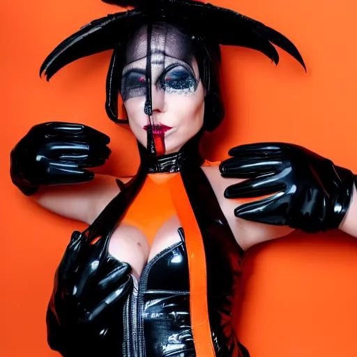 Prompt: Big bust witch in orange latex dress and orange latex gloves holding raven feather