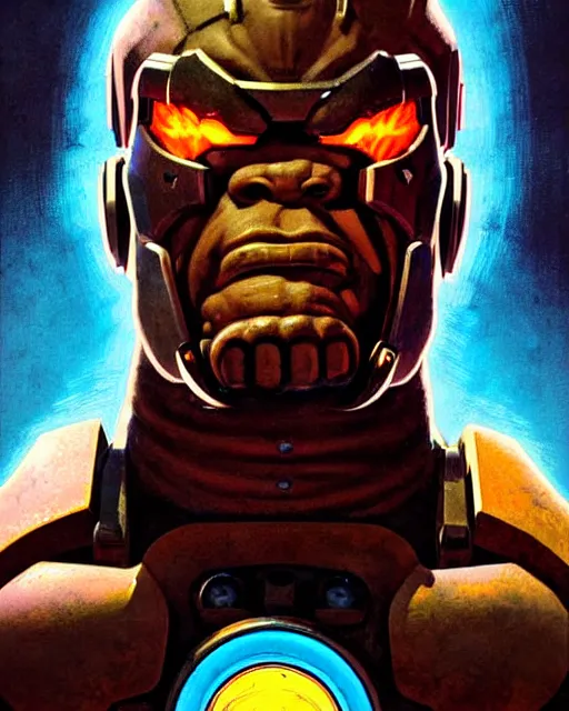 Image similar to doomfist from overwatch, character portrait, portrait, close up, concept art, intricate details, highly detailed, vintage sci - fi poster, retro future, vintage sci - fi art, in the style of chris foss, rodger dean, moebius, michael whelan, and gustave dore