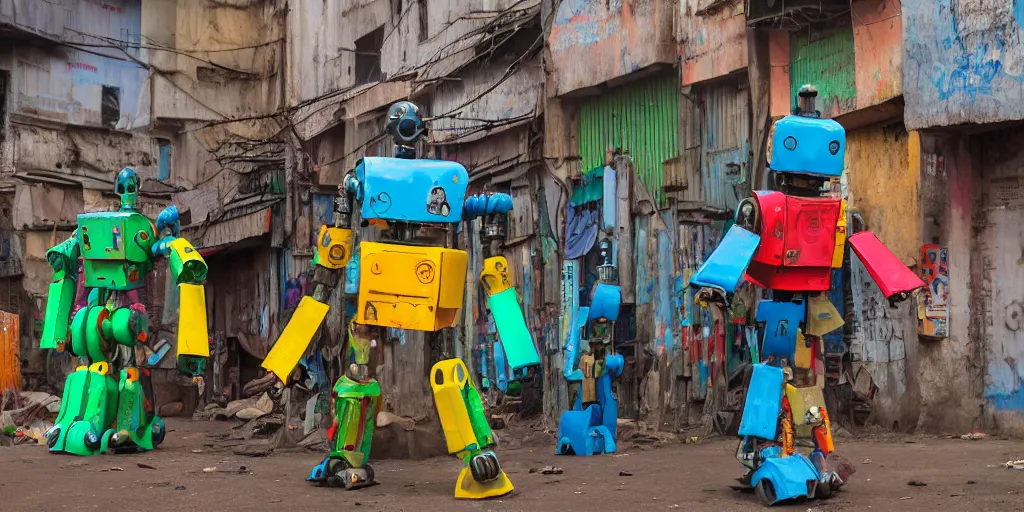 Prompt: colourful giant mecha ROBOT of AJEGUNLE SLUMS of Lagos, markings on robot, slums are neon lit, Night time,