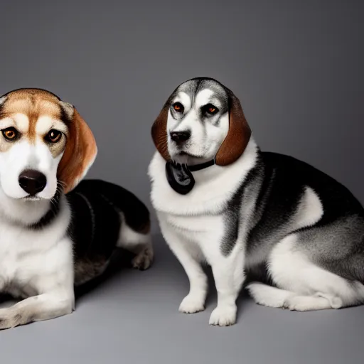 Prompt: beagle sitting next to a husky, studio lighting, professional photography