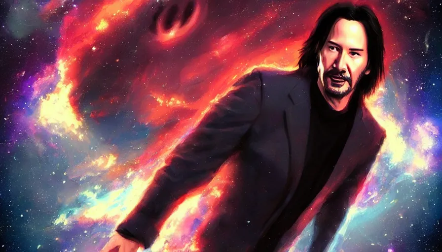 Image similar to Keanu reeves floating in space with extatic facial expression, digital art, artstation, artgem