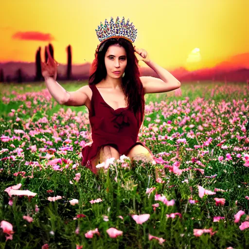 Image similar to Fine art photo of the most beautiful woman, she is turquish, she is posing while maintain a sweet eye contact to the camera, she has a crown of flowers, she has perfect white teeths, she is sitting on a field of lavader, she is getting ulluminated by the rays of the sunset, the photo was taking by Annie Leibovitz, Ellie Victoria Gale, Steve McCurry, matte painting, oil painting, naturalism, 4k, 8k