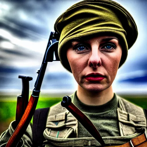 Prompt: ukrainian woman - soldier with kalashnikov gun, beautiful epic photography, high quality, profound gaze, big blown eyes, yellow and blue ribbons, emotionally touching, digital art, dramatic sky, battlefield, fire