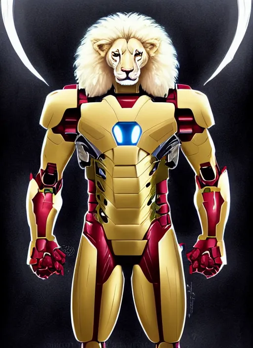 Image similar to aesthetic portrait commission of a of a male fully furry muscular anthro albino lion wearing attractive iron man suit. Character design by charlie bowater, ross tran, artgerm, and makoto shinkai, detailed, inked, western comic book art, award winning film poster painting