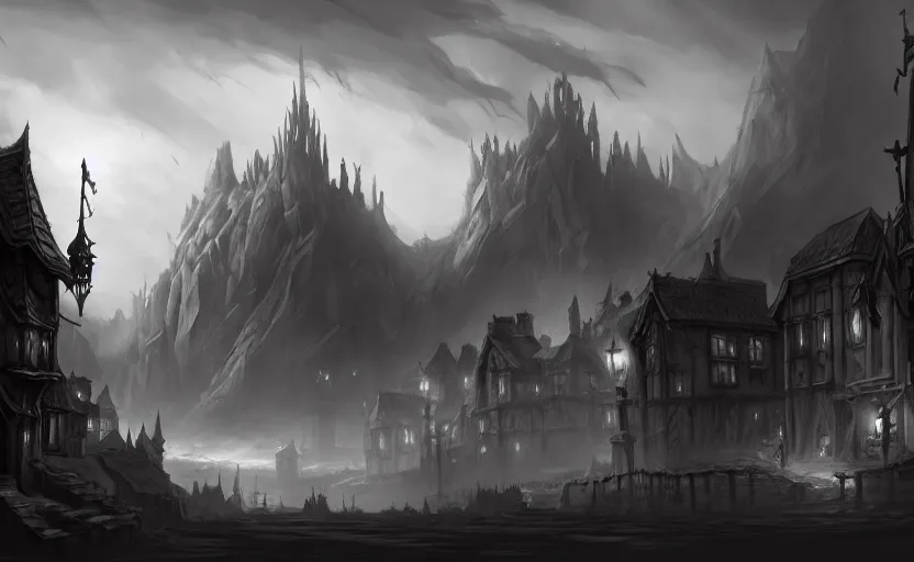 Image similar to extreme long shot concept art depicted old english majestic town, dramatic mood, overcast mood, dark fantasy environment, art by legends of runeterra and league of legends and arcane, art by tony sart, trending on artstation, unreal engine