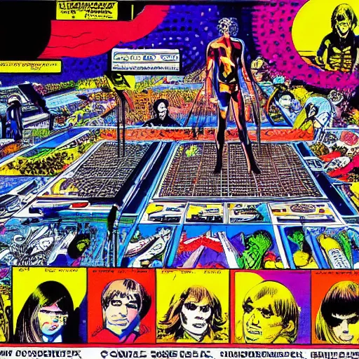 Prompt: a large Eurorack synthesiser controls the world population, 1970s comicbook artwork, psychedelic, detailed