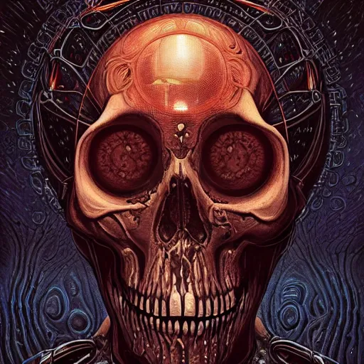 Prompt: ultra detailed digital painting of a woman with a skull on her face, lovecraftian cyberpunk art by jeffrey smith, andrew ferez, dan mumford, artstation, psychedelic art, cosmic horror, apocalypse art, darksynth