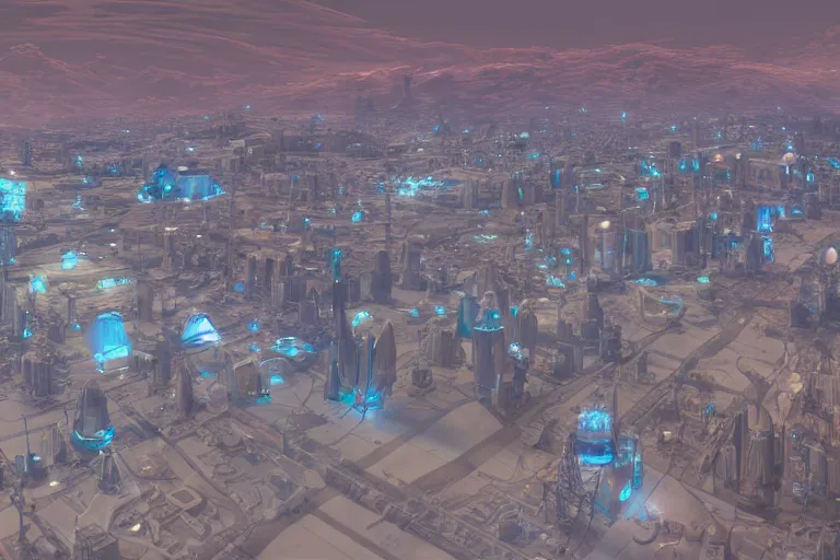 Prompt: Futuristic utopian city on Mars from a distance, wide angle shot