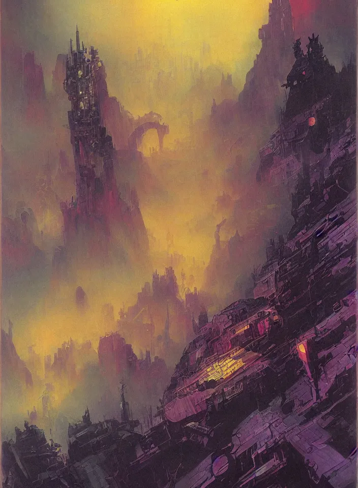 Image similar to the blind liberty of the few, red and purple palette, volume light, fog, by hiroshi yoshida by ( h. r. giger ) and paul lehr