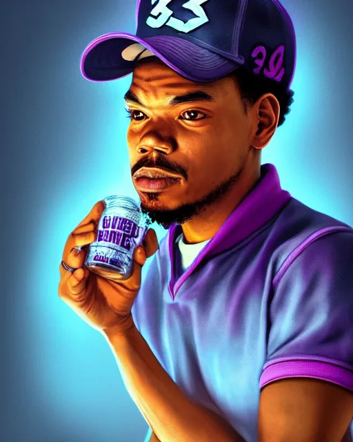 Image similar to chance the rapper holding cup of codeine, accurate details, detailed face, holy liquid in cup glowing, fantasy, dramatic, intricate, elegant, highly detailed, digital painting, artstation, concept art, smooth, sharp focus, illustration, art by Gustave Dore, octane render